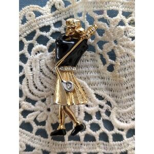 Vintage Golf Lady Brooch – Woman Golfer‎ Pin – Gold Black Enamel Brooch